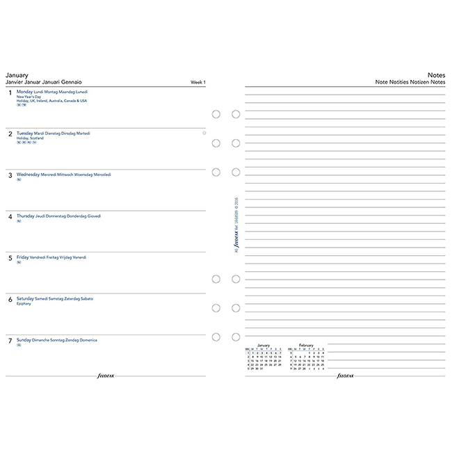 Бланки Неделя на странице з заметками Filofax A5 White на 5-и языках 2019 (68509)