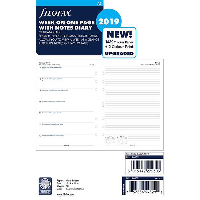 Бланки Неделя на странице з заметками Filofax A5 White на 5-и языках 2019 (68509)