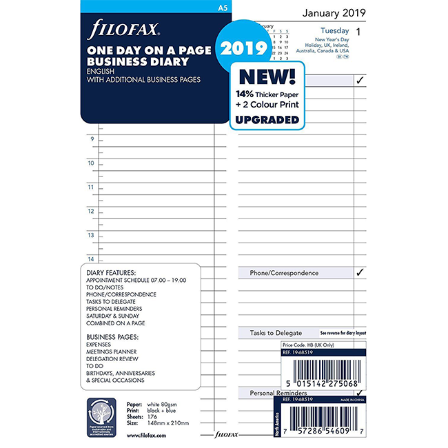Бланки День на странице (бизнесс) Filofax A5 White на 2019 год (англ) (68519)