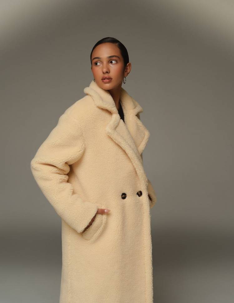 Довга шуба з еко-хутра Айворі