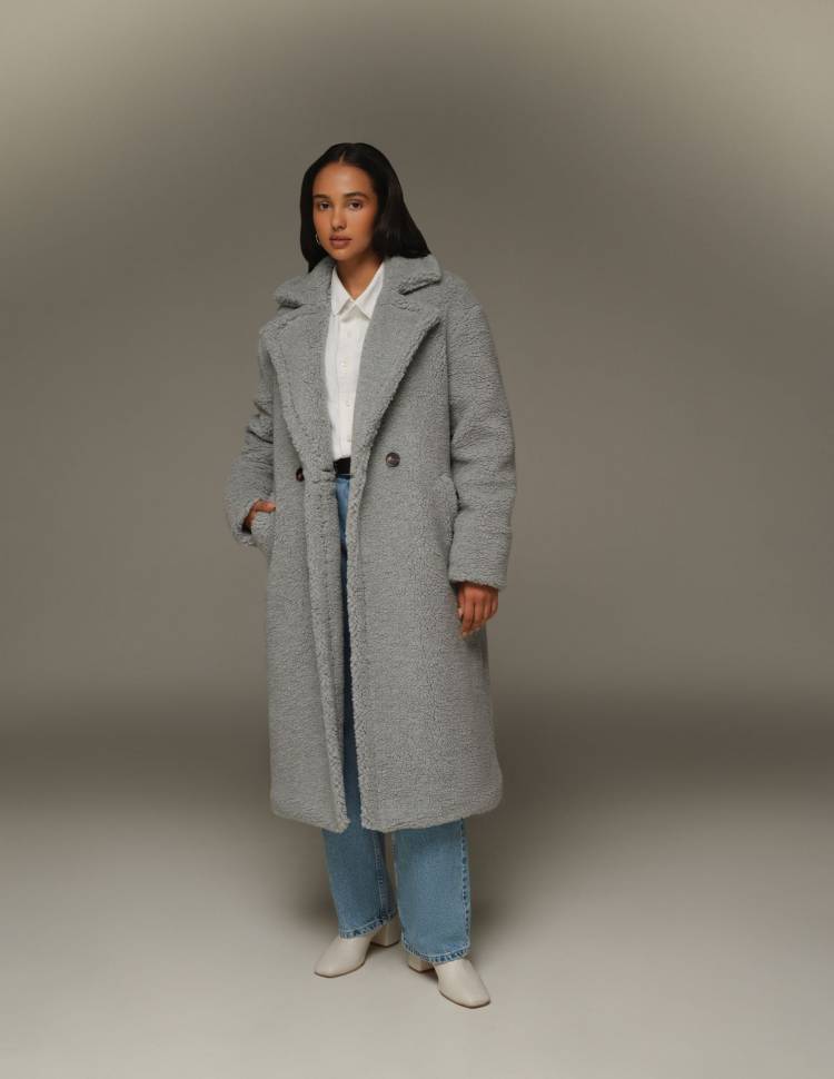 Длинная шуба из эко-меха Серая