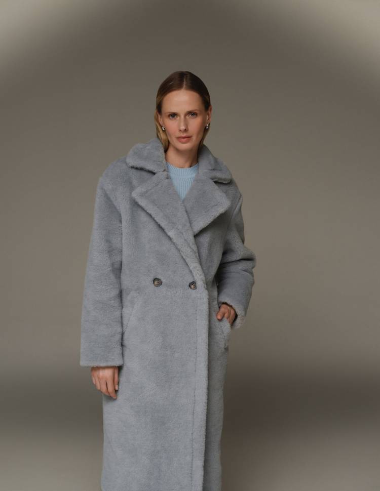 Довга шуба з еко-хутра Сіро-блакитна