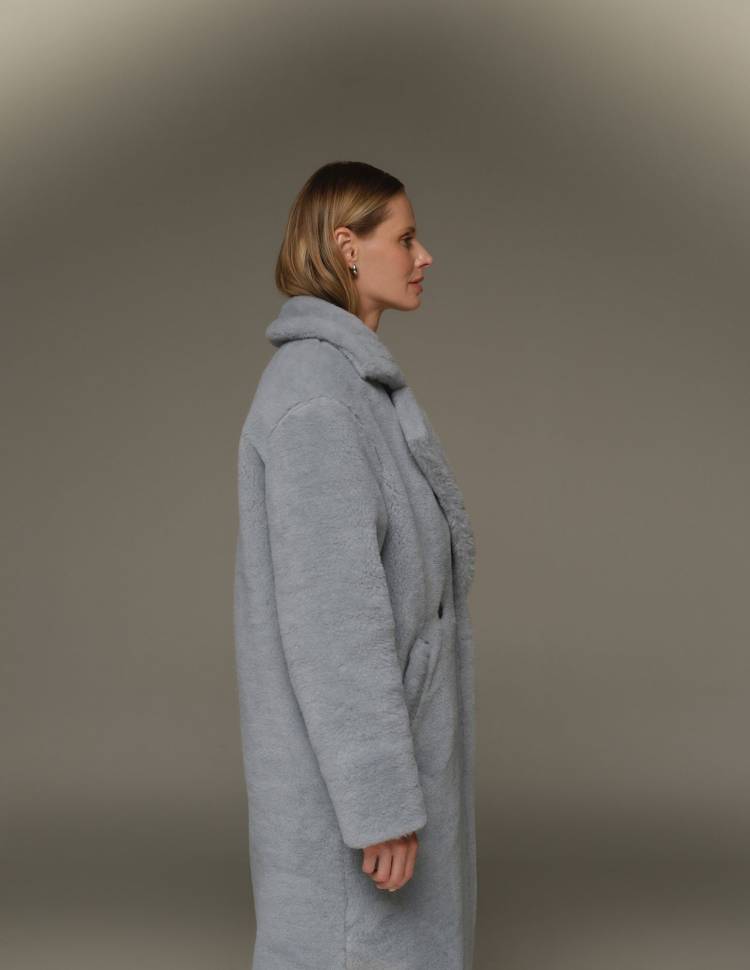 Довга шуба з еко-хутра Сіро-блакитна