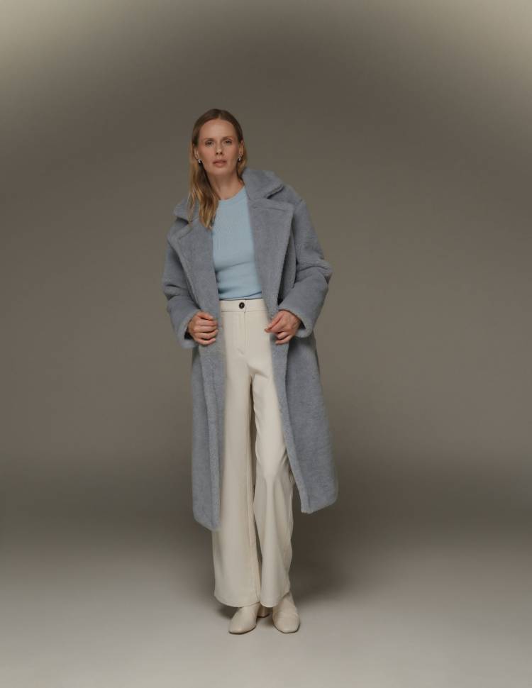 Довга шуба з еко-хутра Сіро-блакитна