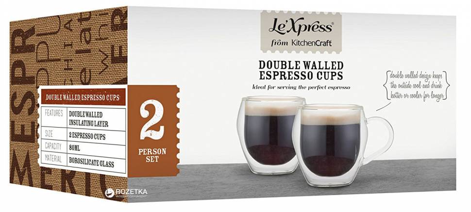 Кружки для кофе Le’Xpress KitchenCraft с двойным стеклом 2 шт (80 мл)