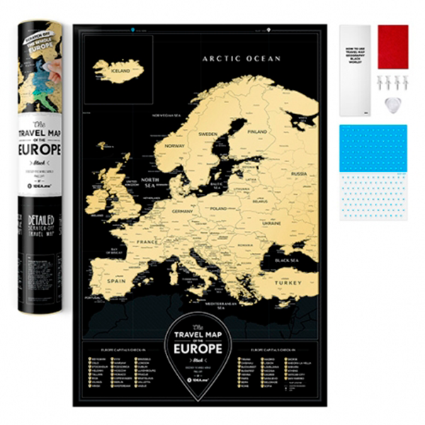 Скретч-карта Европы на английском Travel Map Black