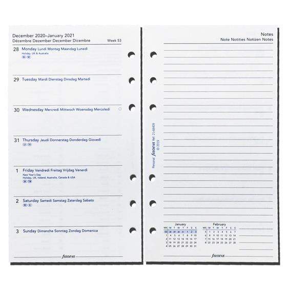Комплект Датированных Бланков Неделя на Странице с Заметками Personal White на 5-ти языках на 2021 год