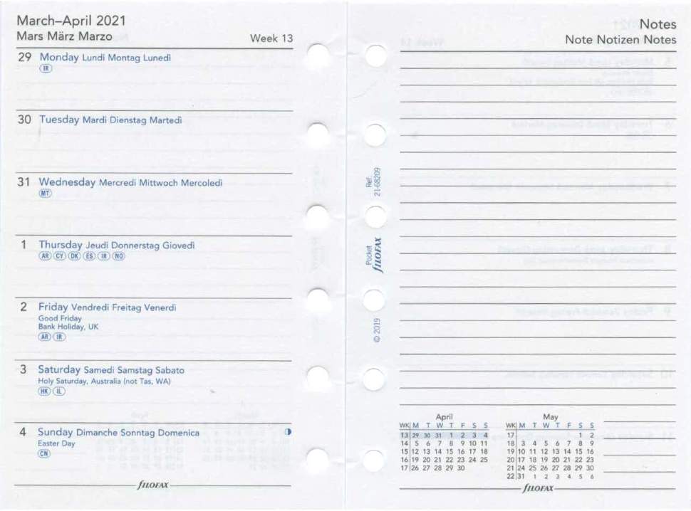 Комплект Датированных Бланков Неделя на Странице с Заметками Pocket White на 5-ти языках на 2021 год