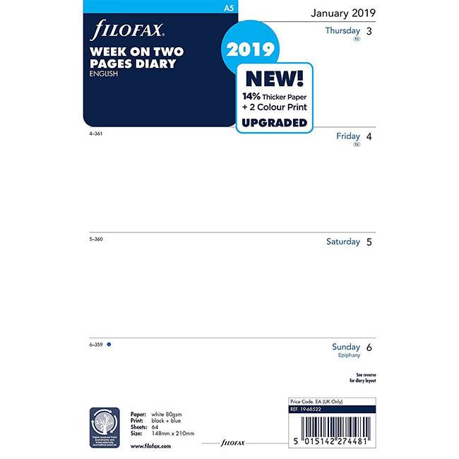 Бланки Неделя на развороте Filofax A5 White на 2019 год (англ) (68522)