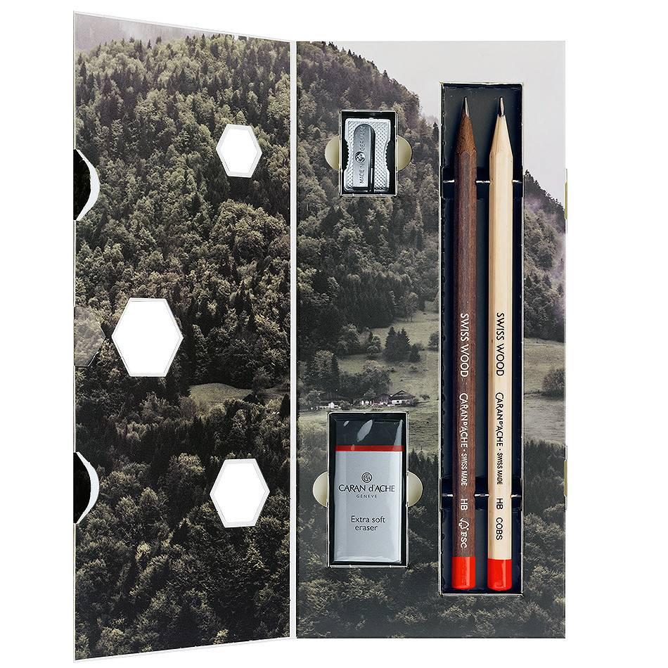 Набор простых карандашей HB Caran d'Ache Swiss Wood (2 карандаша + точилка + ластик)