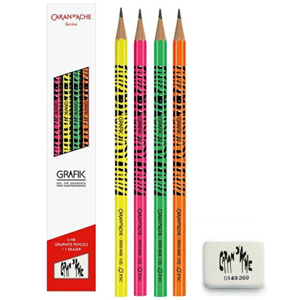 Набор простых карандашей HB Caran d'Ache Grafik Fluo (4 шт + ластик)