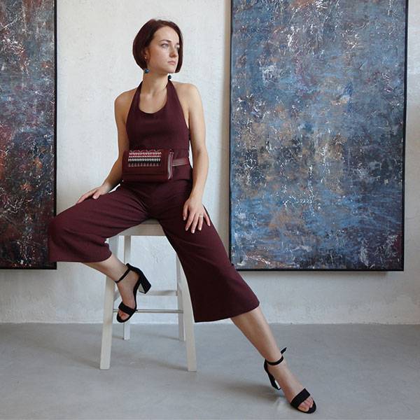 Поясна сумка з екокожі Ornament Бордова з принтом