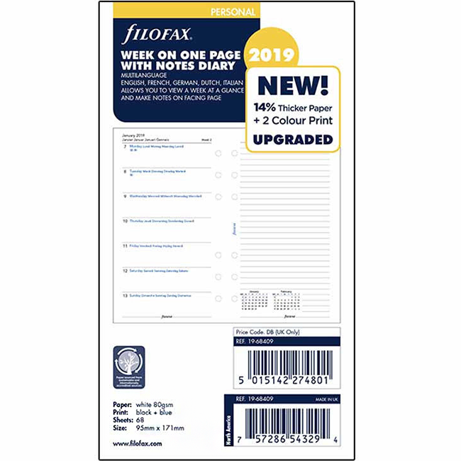 Бланки Неделя на странице с заметками Filofax Personal White на 5-и языках 2019 (68409)