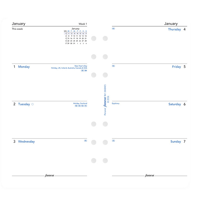 Бланки Неделя на развороте Filofax Personal White на 2019 год (англ) (68421)